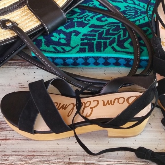 Genuine Leather Ankle Tassel Wrap Wooden Platform - Picture 6 of 9